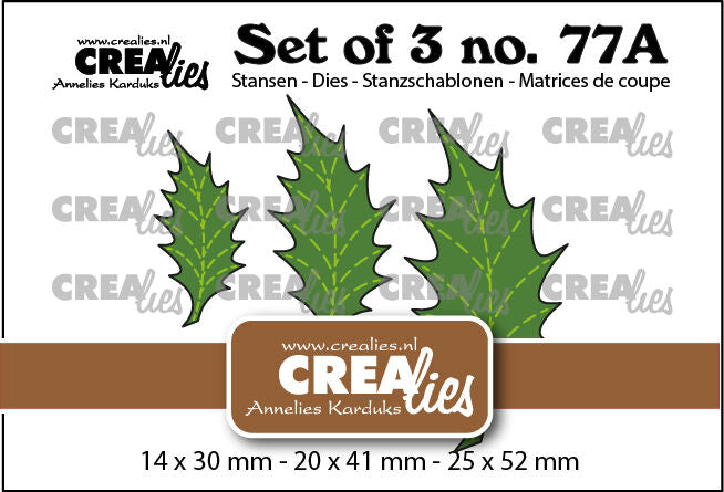 Set of 3 no. 77a, Leaves 22 Solid Holly Leafs with stitchline (mirror image)